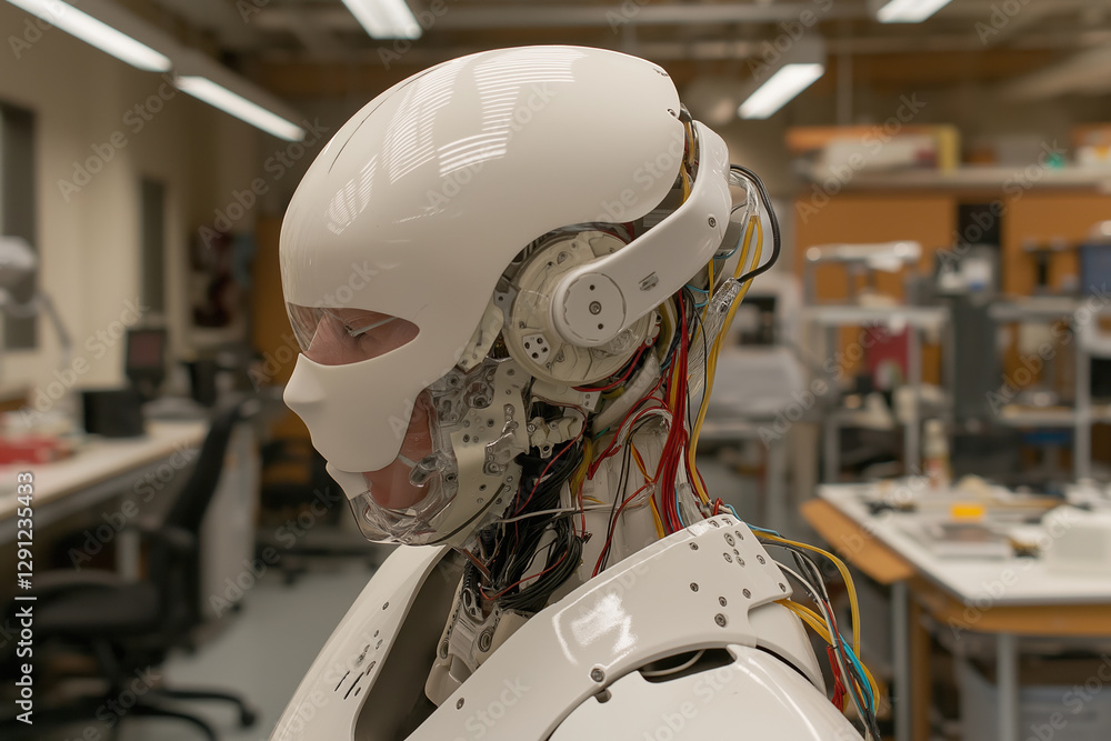Poster innovative robotic prototype showcases advanced engineering in a modern laboratory