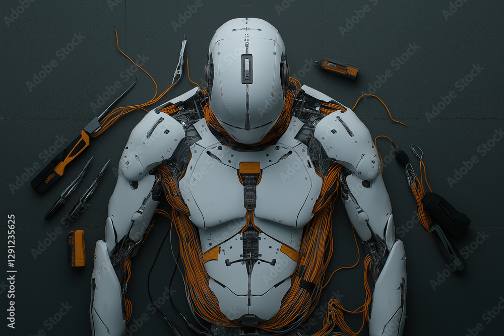 Poster robotics assembly with a humanoid figure surrounded by tools and wires on a dark surface