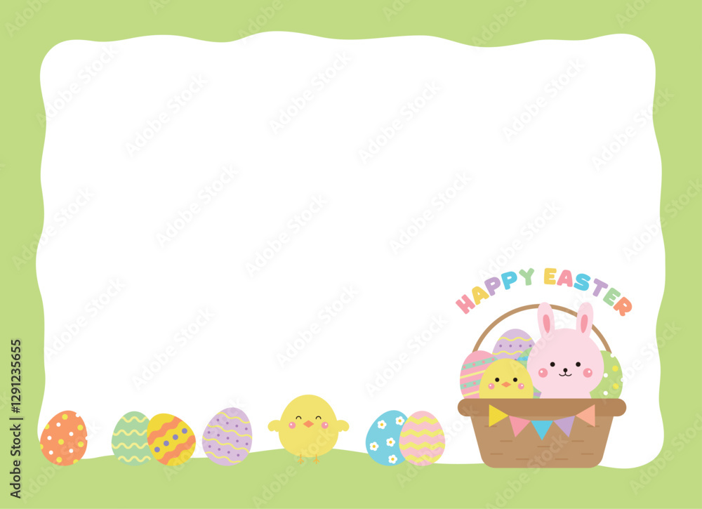 Poster illustration of a basket with eggs and a rabbit with a christian easter concept. eggs with various p