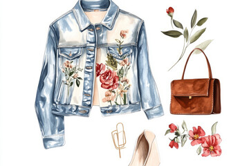 Illustration of a casual chic outfit featuring a denim jacket with floral embroidery. The floral design adds a feminine touch to the rugged denim, creating a perfect combination of style and comfort.