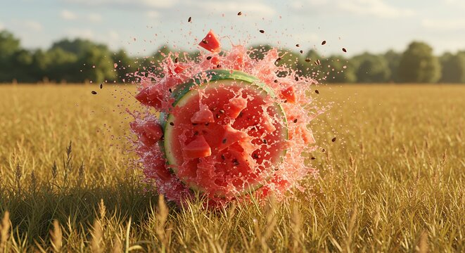 Exploding watermelon in golden field creates refreshing summer image - Powered by Adobe