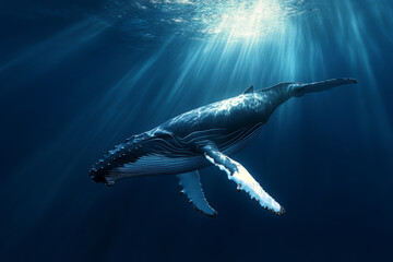 Fototapeta premium A dramatic underwater scene featuring a massive humpback whale gliding gracefully through the deep blue ocean. Sunbeams penetrate the water, illuminating the gentle giant in an ethereal glow.