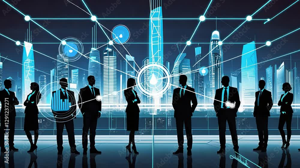 Poster business professionals standing in front of futuristic digital cityscape with network and data visua