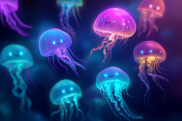Illustration of a group of cheerful jellyfish with glowing, neon colored tentacles floating through the deep sea. Their cute, smiling faces and soft movements make them look playful and friendly,