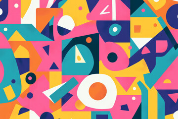 Illustration of a cluster of random geometric shapes, such as squares, triangles, and circles, in a playful mix of vibrant colors. The whimsical and fun arrangement creates an energetic, joyful