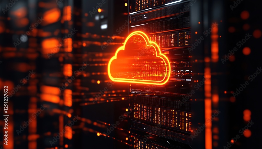 Poster exploring cloud computing: data storage, server farms, and network infrastructure, enhancing digital
