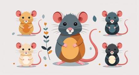 Naklejka premium Set bundle of baby rat minimalist childish style illustration on plain white background