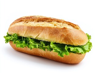 Fresh sub sandwich with lettuce on white background