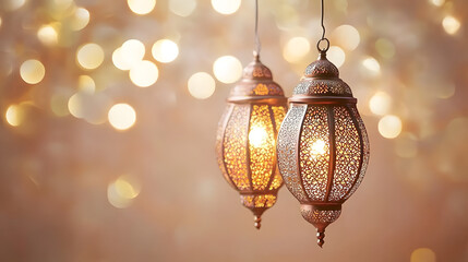 Elegant hanging copper moroccan lantern with warm glow on a soft beige background featuring glittering bokeh lights, creating a serene and festive ambiance for ramadan kareem and islamic holiday celeb