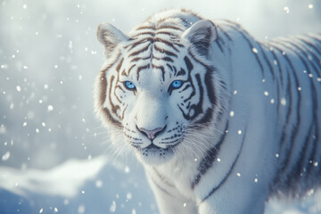 A majestic white tiger standing in a snowy landscape, its piercing blue eyes staring intensely. Snowflakes gently fall around the powerful creature, adding to the mystique.