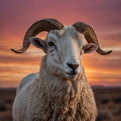 A close-up of a white ram’s face with a dramatic pink and orange sunset backdrop.