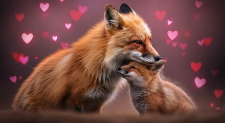 Obraz premium Mother fox lovingly embraces her cub in a heartwarming scene