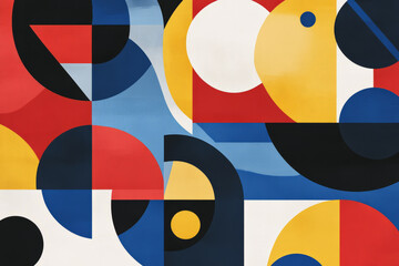 Illustration of a large abstract design made up of overlapping geometric shapes in a variety of bold, contrasting colors like red, blue, yellow, and black. The design is modern and energetic, perfect