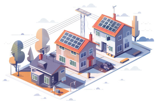 An urban home participating in a residential microgrid, with visible rooftop solar panels and connected energy systems