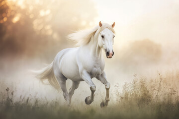 A majestic white horse galloping across a misty meadow, its mane flowing in the wind. The soft pastel sunrise behind it adds a dreamy, ethereal quality to the composition.