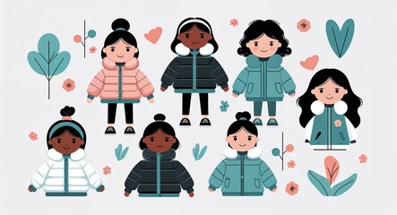 Set bundle of Black girl in puffer jacket minimalist childish style illustration on plain white background