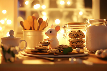 A cheerful illustration of a tiny mouse baking cookies in a miniature kitchen, surrounded by oversized ingredients. The warm lighting and cozy details create a heartwarming atmosphere.