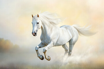 Fototapeta premium A majestic white horse galloping across a misty meadow, its mane flowing in the wind. The soft pastel sunrise behind it adds a dreamy, ethereal quality to the composition.