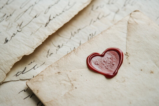 Illustration of a love letter with delicate handwritten script and a heart shaped wax seal. The vintage paper and soft colors evoke feelings of romance and sentimentality, perfect for a heartfelt