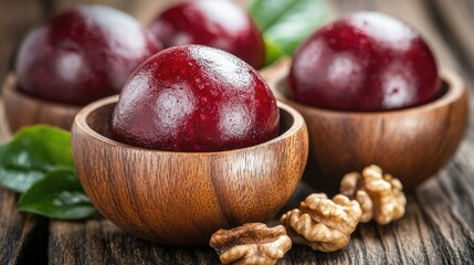 Red fruit dessert in wooden bowls, walnuts, rustic table