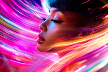Fototapeta premium Short trim - multicolored hair. Commercial marketing visual idea concept art. Attractive calm black girl - for ads, media and social apps use. Black beauty photography. Elegant black hair.