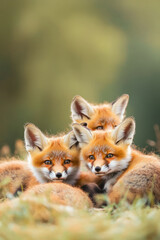 Fototapeta premium A charming group of fluffy fox cubs playfully tumbling in a meadow, their vibrant orange fur contrasting beautifully against the soft green grass.