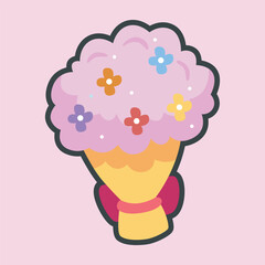 pink flower bouquet with outline flat vector design.