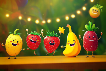 A joyful group of anthropomorphic fruit characters