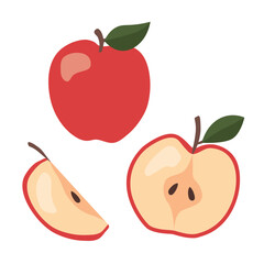 fresh red ripe whole, bitten and half apple - vector illustration