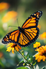 Fototapeta premium A close up of a monarch butterfly delicately resting on a blooming wildflower, with intricate wing patterns glowing in the sunlight.