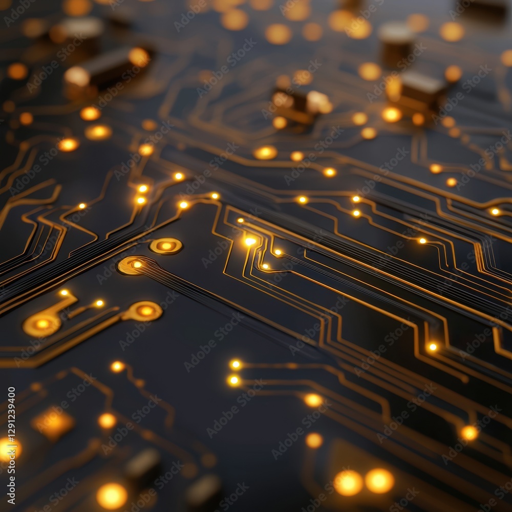 Poster Close-Up of High-Tech Computer Processor Circuit with Intricate Patterns and Glowing Elements