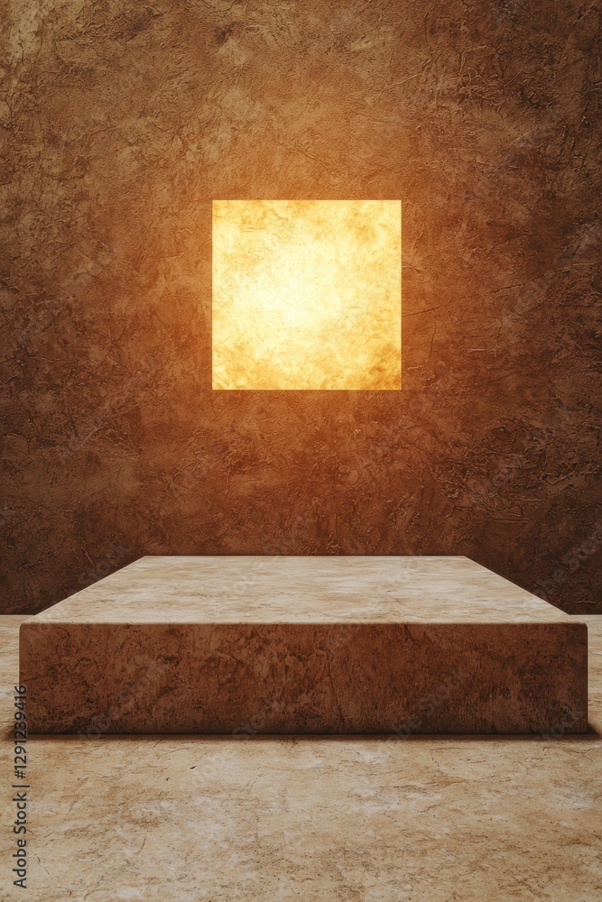 Poster glowing tunnel leading into an unknown space with warm light and textured walls