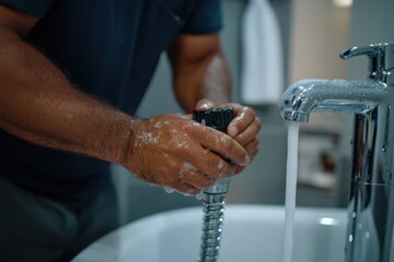 A handyman utilizes soapy water to clean plumbing fixtures, combining practical work with attention to cleanliness in a modern bathroom environment.