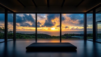 Fototapeta premium Ocean Sunset View: Contemplation and Tranquility in Minimalist Room Design, Featuring Floor Mat and Panoramic Windows