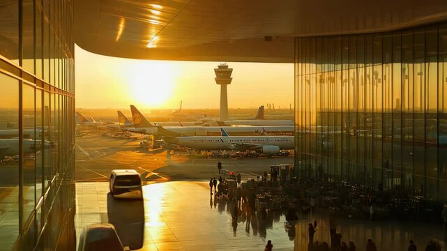Busy airport at sunrise with silhouettes of travelers and grounded aircraft, A busy airport at sunrise