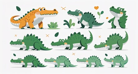 Set bundle of crocodile minimalist childish style illustration on plain white background