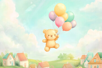 Obraz premium Illustration of a cheerful teddy bear holding a bunch of colorful balloons, floating gently above a tiny whimsical village. The soft pastel colors and dreamy sky create a heartwarming and playful