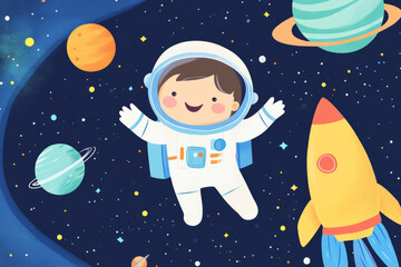 A smiling astronaut floating among the stars, with a small rocket ship and planets orbiting nearby. The childlike wonder of space exploration is brought to life with bright colors and friendly,