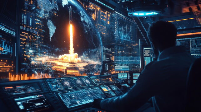 Rocket launch control room space center digital art futuristic environment close-up view exploration concept