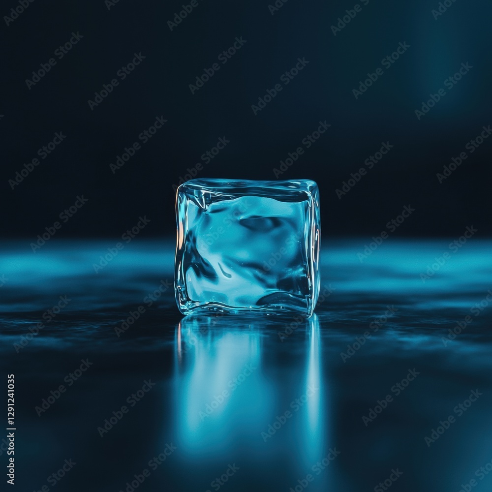 Poster transparent blue ice cube with glowing core on surface with reflections in dim lighting