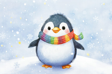Fototapeta premium Illustration of a fluffy, round penguin wearing a colorful knitted scarf, waddling happily across an icy landscape. Snowflakes gently fall around it, adding to the cozy and cheerful winter atmosphere.