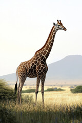 Obraz premium Illustration of a majestic giraffe grazing in a grassy plain with a distant mountain backdrop. The gentle, tall creature stands out against the clear, expansive sky, adding to the calm and peaceful