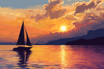 Fototapeta premium Illustration of a beautiful sunset over a calm sea, with warm golden and pink hues reflecting off the water. A silhouette of a sailboat glides across the horizon, adding to the peaceful and romantic