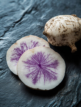Freshly sliced tarul root on a dark slate surface, with starchy white interior and delicate purple veins. Rough outer skin contrasts with smooth inside. Soft light highlights the textures.