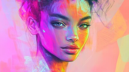 Colorful Portrait of Young Woman with Artistic Brush Strokes and Vibrant Background