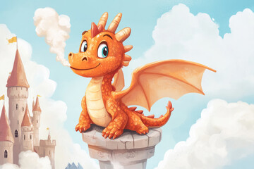 Illustration of a friendly dragon with soft scales, playfully blowing puffs of smoke as it floats above a castle. The cute design and friendly demeanor make the dragon a whimsical and approachable