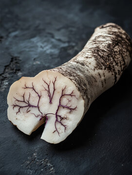 Freshly sliced tarul root on a dark slate surface, with starchy white interior and delicate purple veins. Rough outer skin contrasts with smooth inside. Soft light highlights the textures.