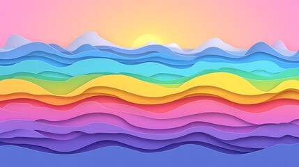Colorful layered paper cut waves sunset landscape.