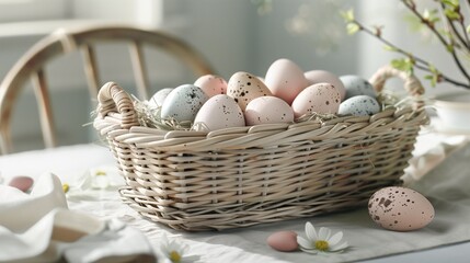 A rustic woven basket filled with pastel-colored Easter eggs, each delicately speckled, resting on a wooden table
