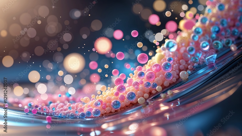 Poster colorful spheres scatter across a reflective surface in a visually striking display of creativity an